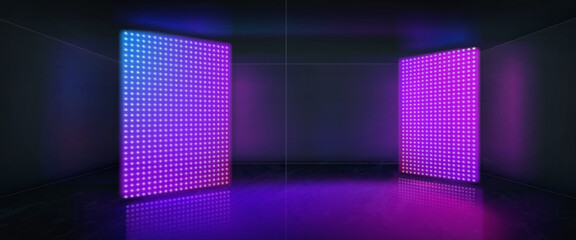 Poster - Realistic dark room with shining LED screens. Vector illustration of large LCD TV panels with neon color dot lamps glowing in darkness. Night club, modern art studio, stage interior with light boards