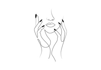 Wall Mural - One line drawing abstract woman face with hands vector illustration. Stylized female face Modern single line art. Woman beauty fashion concept, minimalistic style. Design for logo, poster. Pro vector.