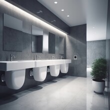 Modern Design,Contemporary Interior Of Bathroom With Sink Basin Faucet Lined Up And Public Toilet Urinals, Construction And Architecture, AI Generated.