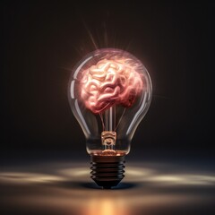 Poster - Brain inside the light bulb, human brain with left and right cerebral inside the electric light bulb, AI generated.
