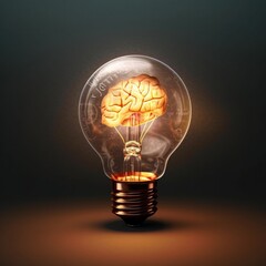 Poster - Glowing human brain with left and right cerebral inside the electric light bulb, Brainstorming, Creative Idea concept, AI generated.