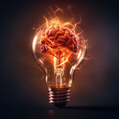 Poster - Lamp bulb with human brain on dark background, AI generated.
