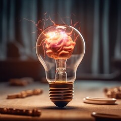 Poster - Light bulbs with human brain inside and lightning outside, Creativity and innovation inspiration, Business Bright idea concept, AI generated.