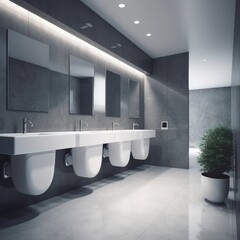 Poster - Modern design,Contemporary Interior of bathroom with sink basin faucet lined up and public toilet urinals, Construction and architecture, AI generated.
