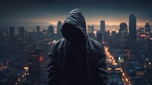 A Faceless Thief In Unrecognizable Hoodie Standing In The Middle Of The Night In Front Of The City Concept. Generative Ai.