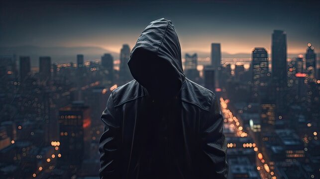 a faceless thief in unrecognizable hoodie standing in the middle of the night in front of the city c