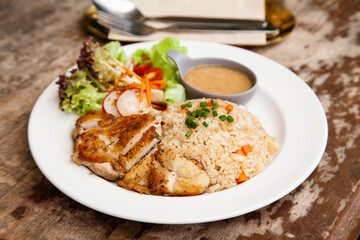 Canvas Print - Garlic fried rice with grilled chicken and salad