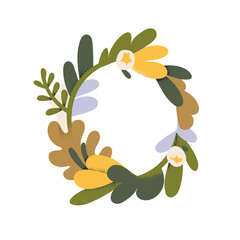 Aufkleber - Floral wreath. Flower and leaf circle frame. Botanical design element with leaves and delicate blossomed blooms. Floristic nature decoration. Flat vector illustration isolated on white background