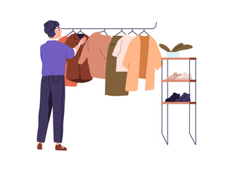 Wall Mural - Customer shopping, choosing clothes. Person in showroom, searching apparel on hanger rail. Man shopper looking for garment in fashion store. Flat vector illustration isolated on white background