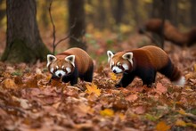 Two Cute Red Pandas Climbing Together In The Branches , Generate Ai