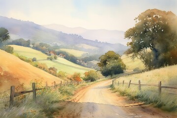 Wall Mural - Farm with sunflowers, watercolor painting by hand. Painting of a landscape with a mountain, farmland, sunflower field, trees, home, unpaved road, grass, shrubs, foggy sky, etc. Generative AI