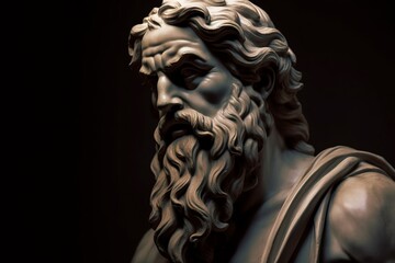 Head of greek god sculpture, statue of a man with long beard on dark background. AI generated image.