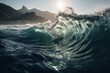 mountains may be seen in the backdrop of this picture of a massive wave in the ocean. Generative AI