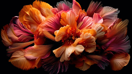 Abstract photo of orange and pink flowers made of feathers on a dark background, Generative AI