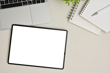 Wall Mural - Minimal office desk workspace top view with digital tablet white screen mockup