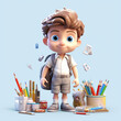 cartoon character schoolboy with backpack on blue background, boy smiling back to school 3d style, stationery. Generative AI
