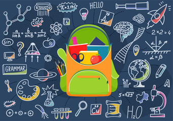 Wall Mural - Education concept. Open school backpack with school subjects doodle.