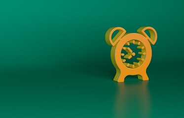 Sticker - Orange Alarm clock icon isolated on green background. Wake up, get up concept. Time sign. Minimalism concept. 3D render illustration