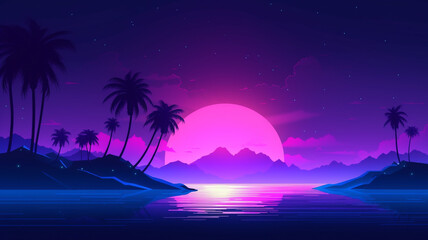 Sticker - Night beach background with violet neon glow and moon