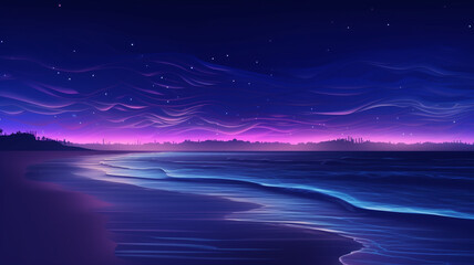 Sticker - Night beach background with violet neon glow and moon