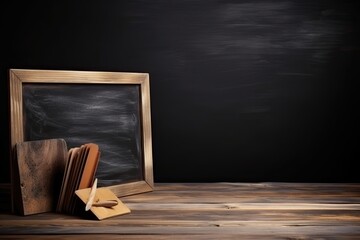 empty chalkboard on wooden table in front of blackboard