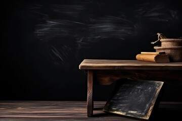 empty chalkboard on wooden table in front of blackboard