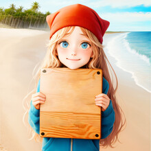 Cute Homeless Beggar Girl Holding A Blank Wooden Sign On The Ocean Shore. Generative AI