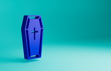 Poster - Blue Coffin with christian cross icon isolated on blue background. Happy Halloween party. Minimalism concept. 3D render illustration