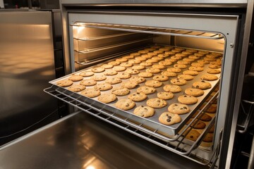 Canvas Print - commercial oven with plate of freshly baked cookies, ready to be taken out and served, created with generative ai