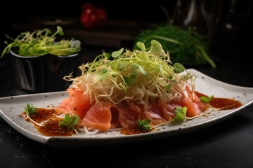 Poster - plate of sashimi, paired with spicy sriracha sauce and fresh sprouts, created with generative ai