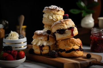 Poster - scone tower, stacked high with scones and toppings, created with generative ai