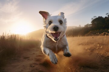 Poster - portrait of happy dog running at sunrise, with wispy clouds in the sky, created with generative ai