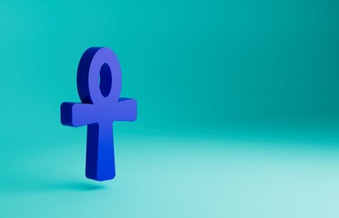 Poster - Blue Cross ankh icon isolated on blue background. Egyptian word for life or symbol of immortality. Minimalism concept. 3D render illustration