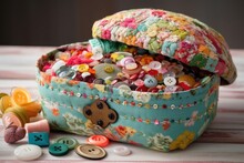 Sewing Basket Overflowing With Colorful Fabrics, Buttons, And Thread, Created With Generative Ai