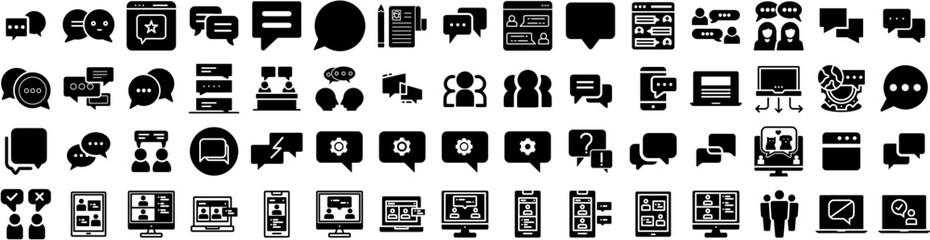 set of forum icons isolated silhouette solid icon with speech, forum, communication, group, people, 