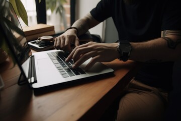 Wall Mural - freelancer working from home, with laptop and mobile phone close by, created with generative ai