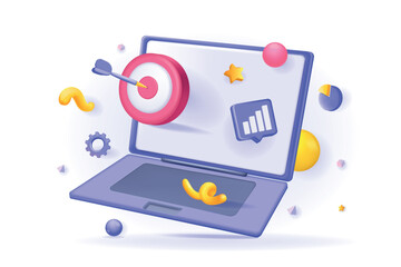 Aufkleber - Seo optimization concept 3D illustration. Icon composition with laptop, data chart and targeting, statistics information of site and search engine settings. Vector illustration for modern web design