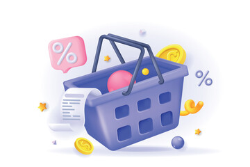 Aufkleber - Shopping concept 3D illustration. Icon composition with supermarket basket, check for paying, money and discount, making purchase in store and online order. Vector illustration for modern web design