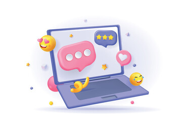 Aufkleber - Social media concept 3D illustration. Icon composition with laptop, rating, comments and different feedback, online communication and marketing technology. Vector illustration for modern web design