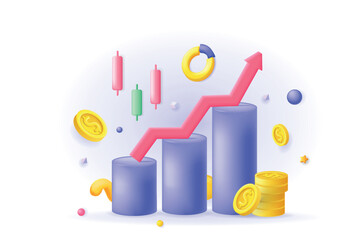 Aufkleber - Stock market concept 3D illustration. Icon composition with financial data in bar chart, accounting, market trend analyzing and trading in forex exchange. Vector illustration for modern web design