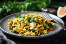 tofu scramble with veggies and herbs on plate, created with generative ai