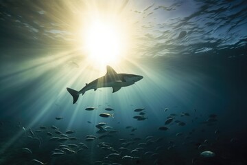Wall Mural - shark swimming past school of rays in peaceful underwater scene, created with generative ai