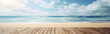 Leinwandbild Motiv Empty wooden flooring deck in front and blue summer sky with clouds and sea or ocean with turquoise water and waves in the background. Summer vacation sea shoreline with deck floor. Generative AI