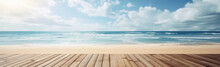 Empty Wooden Flooring Deck In Front And Blue Summer Sky With Clouds And Sea Or Ocean With Turquoise Water And Waves In The Background. Summer Vacation Sea Shoreline With Deck Floor. Generative AI