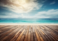 Empty Wooden Flooring Deck In Front And Blue Summer Sky With Clouds And Sea Or Ocean With Turquoise Water And Waves In The Background. Summer Vacation Sea Shoreline With Deck Floor. Generative AI