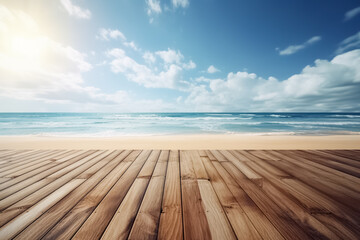 Empty wooden flooring deck in front and blue summer sky with clouds and sea or ocean with turquoise water and waves in the background. Summer vacation sea shoreline with deck floor. Generative AI