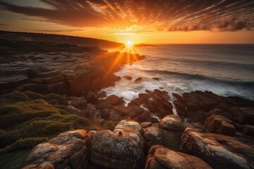 Poster - spectacular sunrise, with the sun peeking above the horizon and illuminating a rugged coastline, created with generative ai