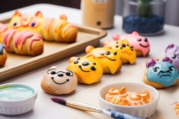 Poster - cute cartoon character decorating croissants with colorful frosting, created with generative ai