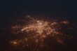 Aerial shot on Warsaw (Poland) at night, view from east. Imitation of satellite view on modern city with street lights and glow effect. 3d render