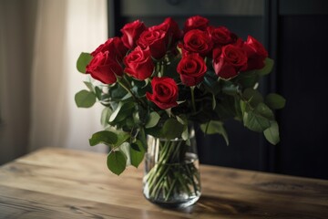 Canvas Print - red rose bouquet in clear vase on wooden table, created with generative ai